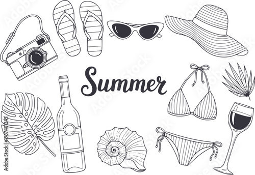 Hand-drawn summer vacation camera, sunglasses, bikini, hat, wine, and beach essentials