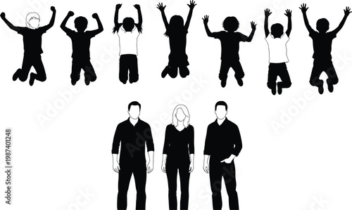 Silhouette people icons, children jumping, adults standing, family community, generational activity, joyful motion, minimalist vector illustration, blue outline, white background design