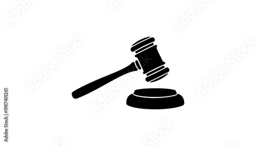 A gavel icon in black silhouette with sound block illustration