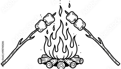 A campfire vector illustration with marshmallows roasting on sticks