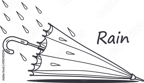 Hand-drawn umbrella and raindrops with text "rain water weather