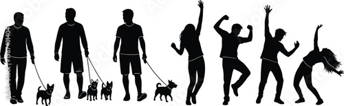 Silhouette people icons, walking dogs, dancing figures, lifestyle activity