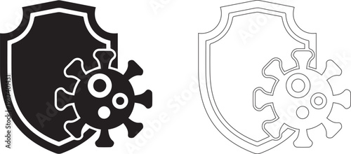 virus protection icon featuring microbe cell and shield with checkmark symbol for immune system health and medical safety