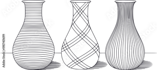 Stylized vases with linear patterns, set against a white background, decorative ceramic