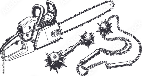 Vintage chainsaw and spiked flail white background, mace medieval combat