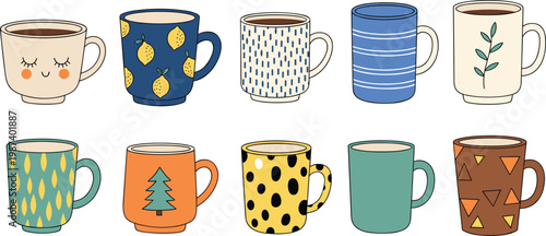 Cute Coffee Mug Collection with Minimal Patterns, Modern Tea Cups Set, Cozy Drinkware with Simple Designs Flat Vector Illustration