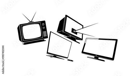 Stylized television evolution silhouettes from retro CRT to modern smart flat screen displays isolated vector