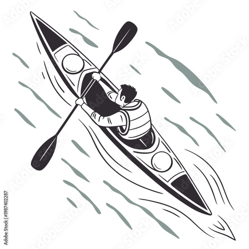 A minimalist illustration depicts a kayaker paddling across water viewed from directly above showcasing movement and outdoor recreation high quality professional detailed