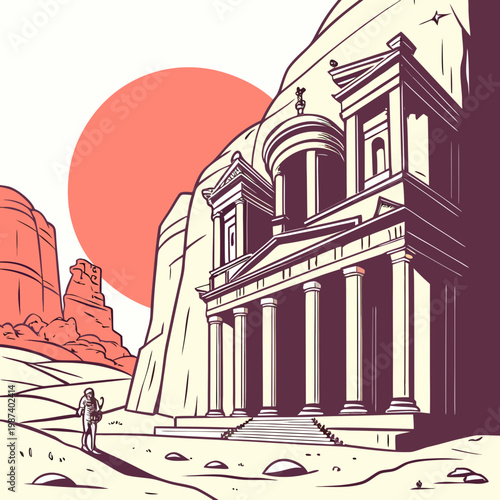 A striking illustration depicts the treasury of petra jordan with a small figure approaching its monumental facade under a large sun