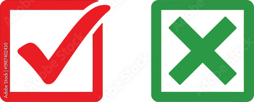 Red check mark and green cross icon in square boxes on white background with inverted colors Vector