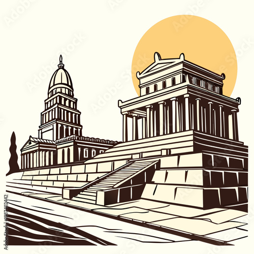 A detailed illustration showcases the utah state capitol building featuring classical architecture and a large golden sun high quality professional modern elegant