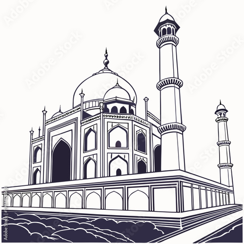 A detailed line art illustration showcases the taj mahal a magnificent mausoleum with iconic domes and minarets bathed in simplicity high quality