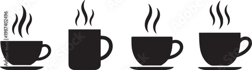 Set of four black silhouettes of hot drinks in cups with coffee cup tea hot drink food and beverage silhouette collection isolated background