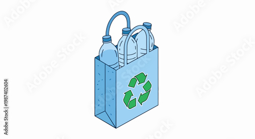 Isometric Illustration of a Recycling Bag with Plastic Bottles for Sustainability and Waste Management
