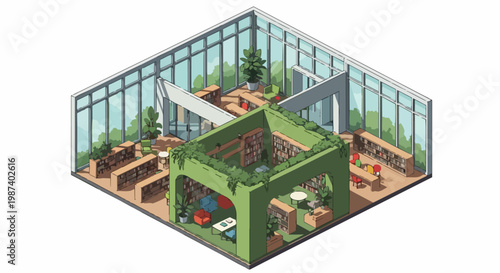 Isometric Modern Library and Coworking Space with Biophilic Design and Green Architecture Interior