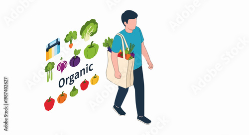 Man Carrying Organic Grocery Bag with Vegetables Isometric Vector Illustration. Concept of Sustainable Lifestyle, Healthy Eating and Eco-Friendly Shopping