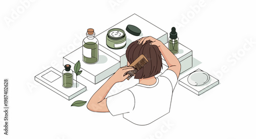 Isometric Illustration of a Woman Combing Hair Surrounded by Natural Hair Care Products and Serums for Wellness Routine