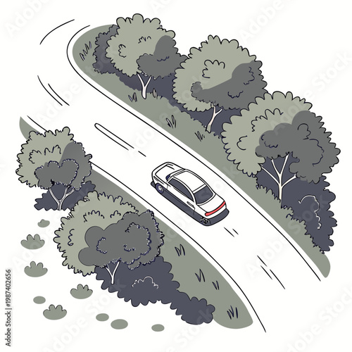 An aerial view depicts a silver car traveling along a winding roadway bordered by lush dark green trees and grassy areas