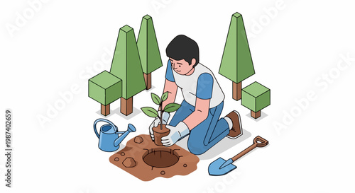 Man Planting a Young Tree Isometric Illustration for Environmental Conservation, Reforestation, and Sustainability Concepts