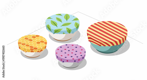 Set of Reusable Beeswax Food Wraps on Bowls for Sustainable Kitchen Storage, Eco-Friendly Plastic Alternative Illustration
