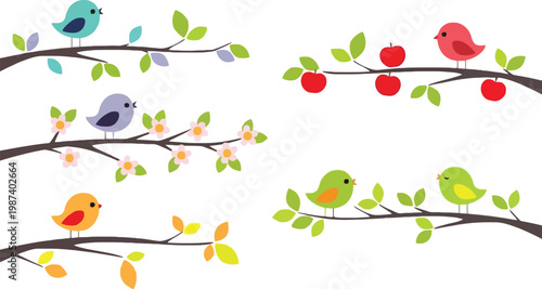Colorful birds perched on tree branches with leaves and apples