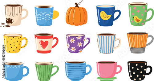 Cute Coffee Mugs Collection with Colorful Patterns Pumpkin and Decorative Designs for Beverage Serving Kitchen Flat Vector Illustration Set