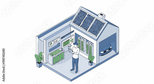Isometric Smart Home Energy Management System with Solar Panels, Battery Storage, and Electric Vehicle Integration Monitored by a Person