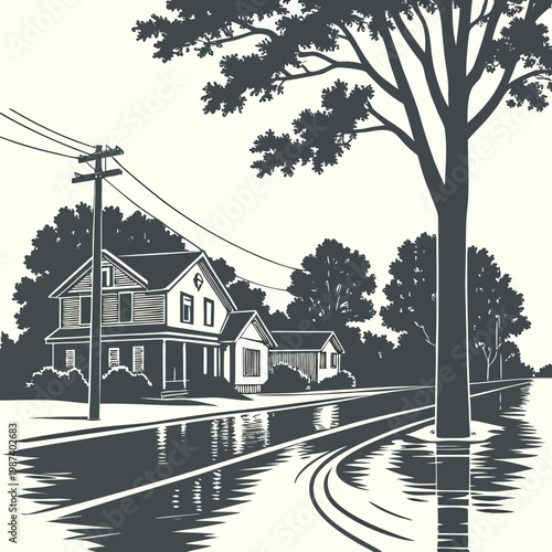 A stark black and white illustration depicts a flooded roadway in front of a classic american house and surrounding trees high quality