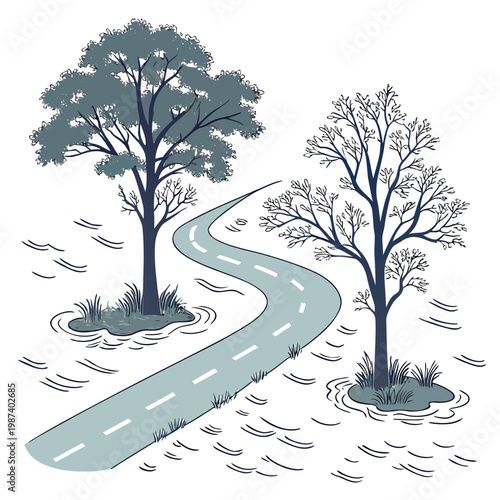 A winding road travels through a stylized landscape featuring lush green trees and bare wintry branches high quality professional detailed modern elegant
