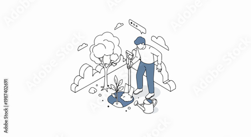 Isometric Illustration of a Man Planting a Tree for Environmental Sustainability, Reforestation and Eco-friendly Growth Concept