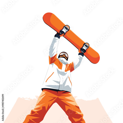 A snowboarder in an orange and white snowsuit holds up an orange snowboard triumphantly against a clean white background with a mountain silhouette.