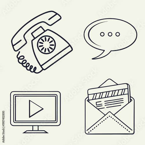 A minimalist illustration depicts communication tools a rotary phone speech bubble computer and envelope in simple line art high quality professional detailed