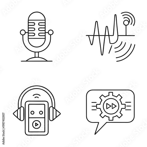 A set of four linear icons depicts audio equipment a microphone sound waves headphones and a podcast player high quality professional detailed