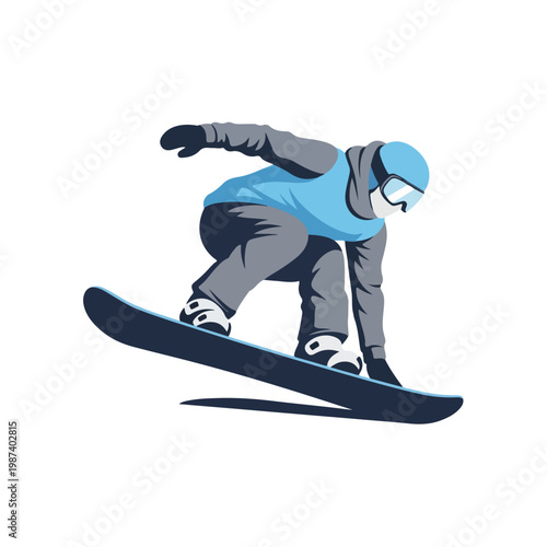 A snowboarder in a blue helmet and vest performs a trick on a snowboard with a plain white background.