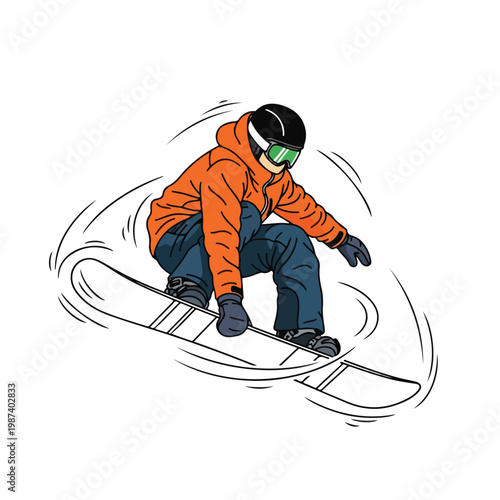 An illustrated snowboarder in an orange jacket and black helmet performs a turn on a snowboard with motion lines, conveying a sense of dynamic movement on a white background.