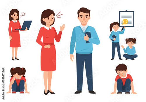Family Conflict and Negative Emotions Vector Set featuring Angry Parents and Crying Sad Children