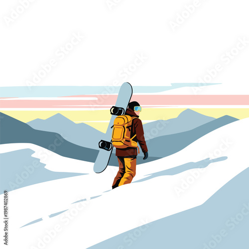 A snowboarder in vibrant yellow and brown gear walks up a snowy mountain slope carrying their board during a serene sunset with pastel-colored skies.