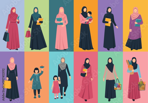 Collection of Diverse Muslim Women and Children in Flat Vector Style Representing Education, Motherhood, Shopping, and Daily Life in Hijab and Abaya