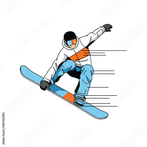 A snowboarder in a white and orange jacket performs a trick on a blue snowboard with motion lines, conveying speed and action against a clean white background.