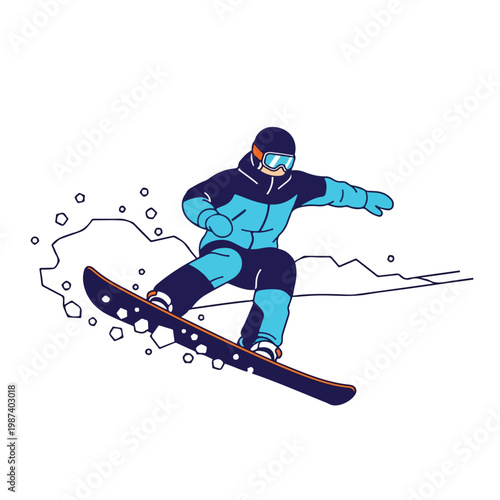 A snowboarder in a dynamic pose, performing a trick on a snowboard with snow splashes, wearing a blue and black snowsuit, against a clean white background with a bold, graphic style.