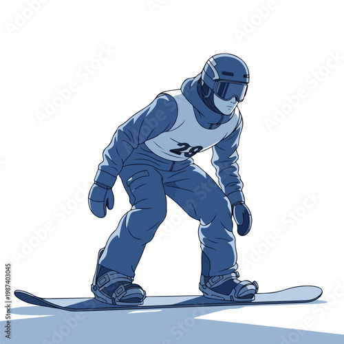 A snowboarder in a blue snowsuit and helmet performs a trick on a snowboard against a white background with a dynamic pose.