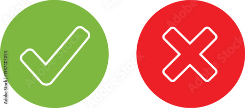 Green check mark and red cross icons isolated on white background for yes and no options. Vector