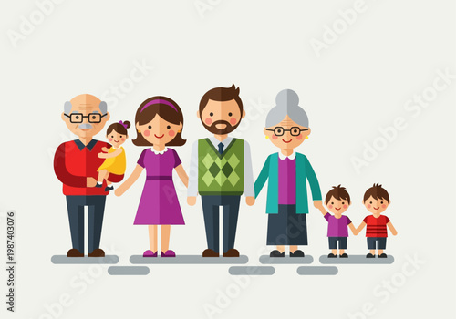 Happy Multi-Generational Family Vector Illustration with Grandparents, Parents, and Children in Flat Design Style