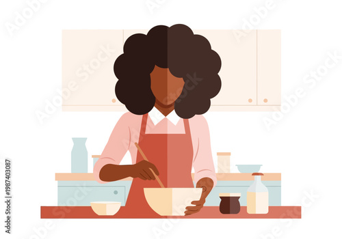 African American Woman with Afro Hairstyle Cooking and Baking in Modern Kitchen Flat Vector Illustration