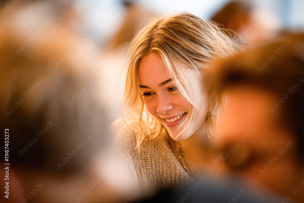Obraz premium A young woman with blonde hair smiling warmly in a softly lit, social indoor setting.