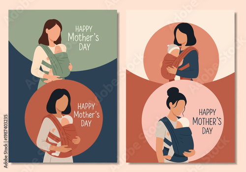 Happy Mother's Day Greeting Cards Set with Minimalist Illustrations of Mothers Carrying Babies in Slings and Wraps