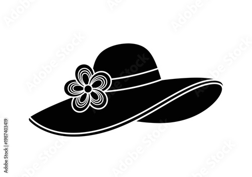 Elegant Women's Wide-Brimmed Sun Hat Silhouette with Floral Detail - Summer Fashion Vector Icon