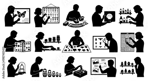 A comprehensive set of black silhouettes depicting people engaged in various collecting hobbies, from entomology and philately to numismatics and shell collecting, showcasing the passion