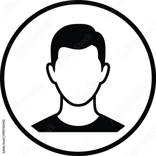 A simple black and white profile icon of a man's head and shoulders inside a thin circle. Vector