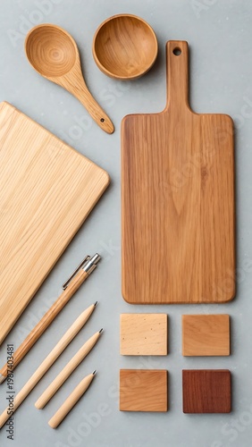 Collection of wooden kitchen utensils and writing instruments arranged on a gray surface